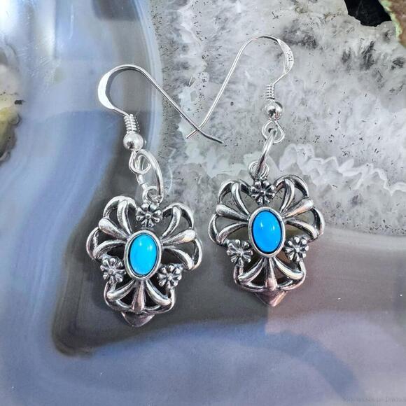 Carolyn Pollack Sterling Silver Turquoise Floral Dangle Earrings For Women - Picture 1 of 10